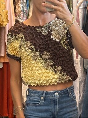 Vintage  Brown and Yellow Cropped Popcorn Women's Top